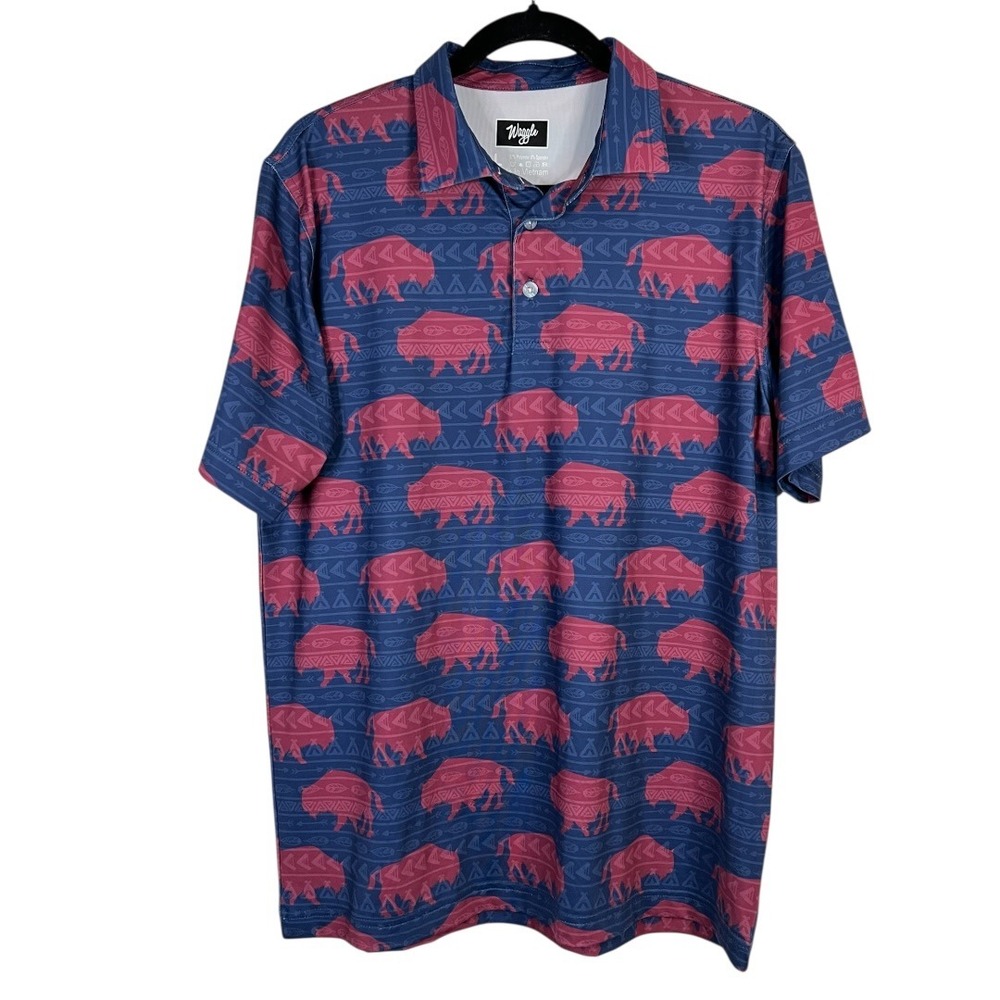 Waggle Men's Golf Polo - Blue/Red Buffalo Performance Shirt - Size large